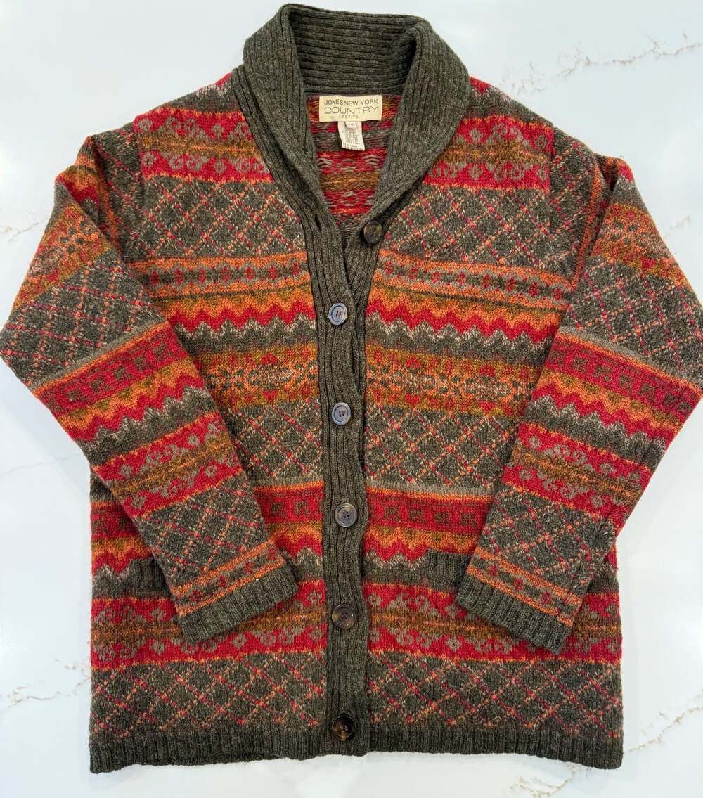 Jones New York Country Petite P/P Wool Blend Fair Isle Shawl Collar Cardigan